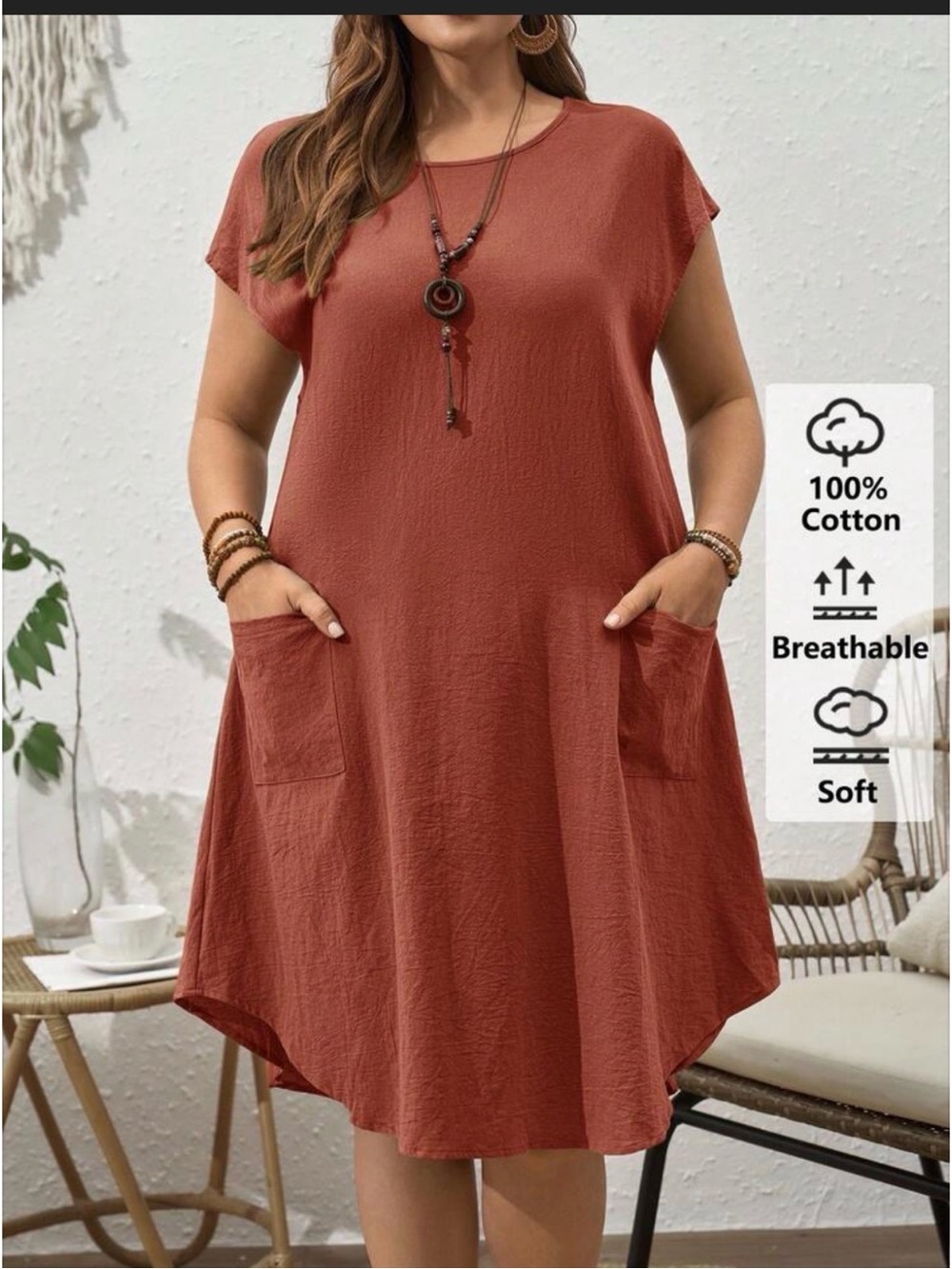 Ginger Brown/ Bronze Cap Sleeve Pocket Cotton Tunic Dress
